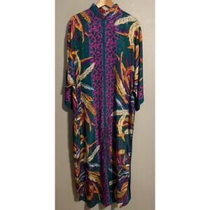 Vintage Ruth Norman Dress Womens Large Feather Kaftan Front Zip Tropical USA 80s
